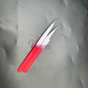 Pinzas de extensión de pestañas con punta pulida recubierta de polvo blanco rojo de dos tonos Etiqueta personalizada Agarre fuerte Acero inoxidable Todo ángulo - Product Image 2