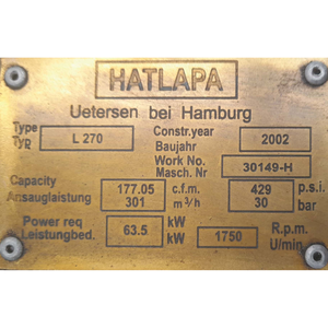 Compresor de Aire Marino HATLAPA L270 de Alta Presión, 63.5 kW, 177.05 M/h, para Sistemas de Arranque de Motores de Barcos - Product Image 5