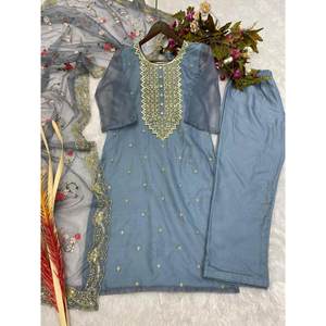 ผ้าโปร่งบางสำหรับนักออกแบบมีการปักลายพื้นด้านบนด้วยสีเทา - Product Image 4