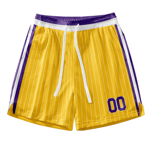 Ensemble uniforme de basketball rétro personnalisé jaune à rayures fines, maillot et short avec bordure de col blanc et violet, design d'équipe rétro - Product Image 5