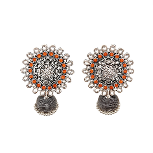 Nayanthara Gold Plated Stud Drop Earrings with Orange and White Stone Work - Product Image 2
