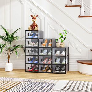 Black 12-Piece Shoe Storage Box Set 33x23x14cm Plastic Mesh and Stackable Design - Product Image 1