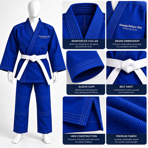 Kimono de karaté et de judo bleu en coton, uniforme d'arts martiaux avec ceinture blanche, coupe classique, unisexe, adulte. - Product Image 2