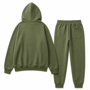 ชุดวอร์มมีฮู้ดสีเขียวมะกอกแบบ unisex แขนยาว ซิปด้านหน้า สีพื้น เสื้อสเวตเชิ้ตและกางเกงลำลองสำหรับผู้ใหญ่ ใส่ได้ในฤดูใบไม้ร่วง - Product Image 2