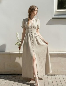 เสื้อผ้าแฟชั่นมาแรงปี 2023 เสื้อผ้าผู้หญิงสไตล์โบโฮ ผ้าลินิน คอวี ติดกระดุม ชุดเดรสทรงเอไลน์ยาวปานกลาง ชุดเดรสผ้าลินินติดกระดุมด้านหน้าสำหรับผู้หญิง - Product Image 4