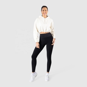 Custom Logo Crop Hoodie Women Solid Color Lantern Sleeve Cotton Knitted Casual Autumn White Full Sleeve Cinched Hem Hooded Tops - Product Image 6
