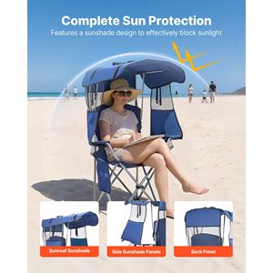 Sedia Pieghevole a Mezzaluna con Tettuccio Parasole, Sedia da Spiaggia Portatile con Tasca Portaoggetti e Doppi Portabicchieri, Capacità 150 Kg - Product Image 3