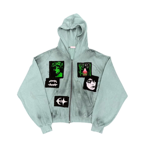 Oversized Washed Zip Up Hoodie Men's <b>Retro</b> Streetwear <b>Sweatshirt</b> Patchwork Pullover Custom Logo Hoodies - Product Image 5