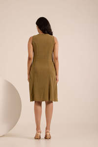 OLIVE COTTON DENIM DRESSO-Neck Sleeveless Midi <b>Dress</b> With Button Front And Slit Fitted Sheath Casual Daily Wear Olive Green Wove - Product Image 5