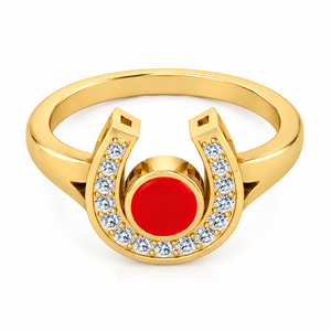 Bague de créateur en forme de fer à cheval plaquée or 14 carats de qualité supérieure avec pierre de corail rouge de 5 mm sertie clos, pour femme, toutes tailles - Product Image 1