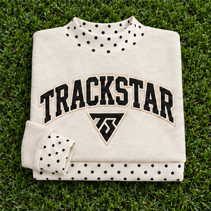 Women's Ivory Mock Neck <b>Sweatshirt</b> with <b>Black</b> Polka Dot Trim and Varsity Graphic Long Sleeve Casual Pullover Custom Wholesale - Product Image 6