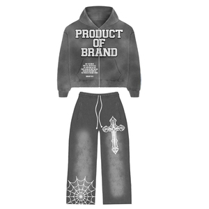 Ensemble décontracté deux pièces unisexe : sweat à capuche zippé style universitaire délavé et pantalon large, motif gothique croix toile d'araignée, streetwear Y2K - Product Image 5