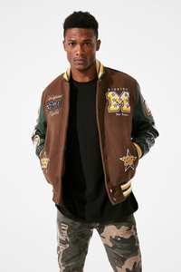 Mission for Varsity <b>Jacket</b> <b>Brown</b> Green <b>Leather</b> Patchwork Embroidered Logo Turn-down Collar Unisex Casual Preppy Style Single - Product Image 3