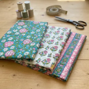 Elegant Blue Pink Floral Printed Cotton Fabric <b>Set</b> for Dresses Quilting <b>Sewing</b> Crafts and Beautiful Home Decor Projects Uses - Product Image 6