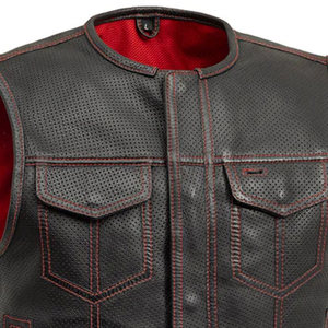 Men's Black Leather Sleeveless Biker Vest with <b>Red</b> Lining and Breathable Perforated Design All Seasons - Product Image 4