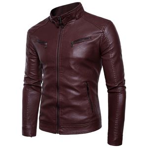 <b>Men's</b> Slim Fit Leather <b>Jacket</b> Moto <b>Biker</b> Style Stand Collar Zipper Closure Autumn Wear - Product Image 1