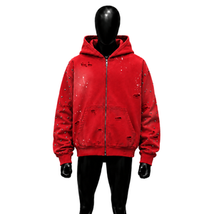 Sweat à capuche zippé rouge vieilli, surdimensionné, déchiré, clouté, effet éclaboussures de peinture, style grunge, streetwear, vintage, punk, à manches régulières - Product Image 1