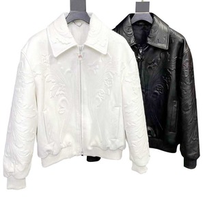 Veste universitaire de luxe personnalisée en cuir véritable gaufré imperméable noire pour hommes - Product Image 1