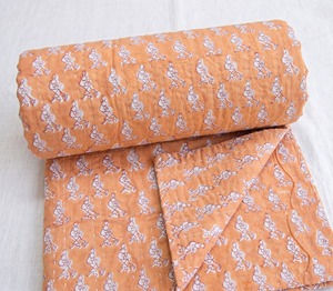 Handmade Printed Cotton Quilt Orange Kantha Stitching Traditional Pattern All-Season Home Use - Product Image 5