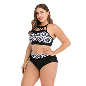 Conjunto de Bikini con Estampado Geométrico para Mujer, Talla Grande, Cuello Halter, Cintura Alta, Traje de Baño de Spandex y Poliéster - Product Image 4
