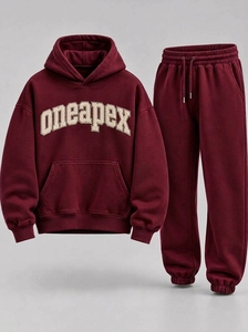 Conjunto de Sudadera con Capucha y Pantalones Deportivos Extra Grandes Color Granate para Hombre, Ropa Deportiva Urbana, Logotipo Bordado Personalizado, Algodón Grueso, Dos Piezas - Product Image 4