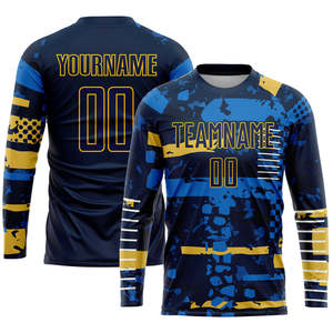 Uniforme de football personnalisé bleu marine jaune à motif abstrait, maillot de football personnalisé avec nom et numéro d'équipe, short, kit complet pour hommes et jeunes - Product Image 4