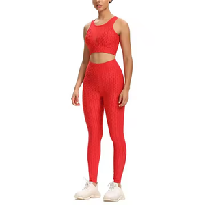 Red Seamless Yoga <b>Set</b> <b>Women</b> High Waisted Leggings Crop Top 2 Piece Sportwear Full Length Racerback Scoop Neck Spandex Polyester - Product Image 2
