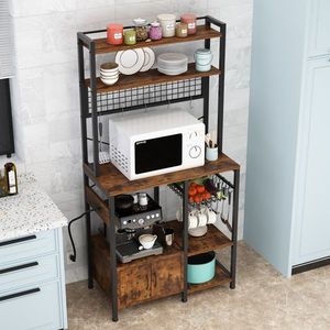 6-Layer Double-Door Cabinet 10 S Hooks Retro B <b>Microwave</b> Oven <b>Rack</b> Particleboard Triamine Paste 80*40*170cm Kitchen Storage - Product Image 3