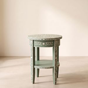 Table de chevet ronde en os vert incrusté, faite à la main, 1 tiroir, table de nuit de luxe, motif marocain, meubles de chambre à coucher - Product Image 2
