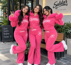 Women’s Pink <b>Velour</b> <b>Tracksuit</b> Set with Pink Fur Hood, Rhinestone Star Design & Flared Pants – Custom Logo Fashion Jogger Set - Product Image 5