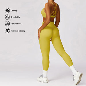 Ensemble de yoga pour femmes, haut court sans couture jaune, dos nageur, leggings taille haute longueur intégrale, 2 pièces, spandex, polyester - Product Image 6