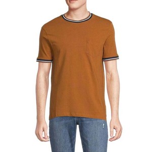 Camiseta de algodón de manga corta amarilla para hombre con ribete en contraste, cuello redondo, corte regular, estilo casual - Product Image 3