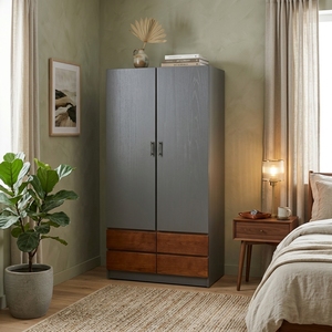 Two Tone Grey Wooden Wardrobe Armoire Solid Teak <b>Storage</b> <b>Cabinet</b> Base Drawers Modern Scandinavian <b>Bedroom</b> Closet Door Organizer - Product Image 6