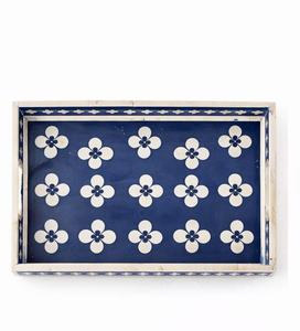 Table basse rectangulaire avec plateau de service en os incrusté, poignées, motif floral bleu, fait main, écologique, 14x10 16x12 pouces - Product Image 2