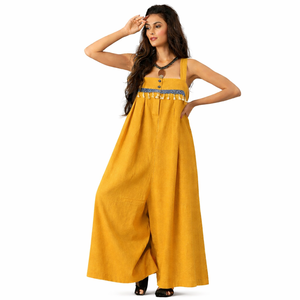 Combinaison décontractée haut de gamme pour femme, 60/40 lin/coton, boutonnée, brodée, tie-dye, taille haute, doublure douce en mulmul, idéale pour l'été - Product Image 5