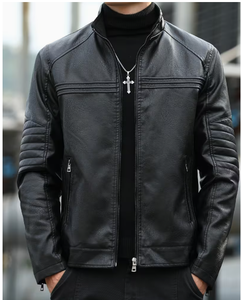 <b>Men's</b> Casual Black Cow Skin <b>Leather</b> Bomber <b>Jacket</b> Stand Collar Zipper Closure Slim Fit Regular Sleeve Solid Color Winter Custom - Product Image 5