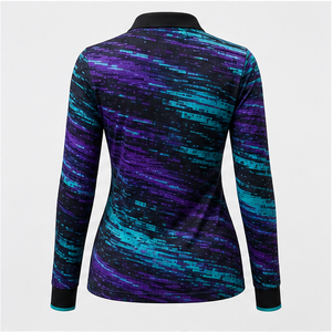 Custom Black <b>Purple</b> Teal Digital Glitch Womens Long Sleeve <b>Polo</b> <b>Shirt</b> Quick Dry Breathable Performance Uniform WPS-0769 - Product Image 4