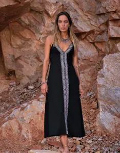 Women <b>Boho</b> Cotton Backless Maxi <b>Dress</b> Sleeveless Deep V Neck Ethnic Print Long <b>Summer</b> Beach <b>Dress</b> - Product Image 3