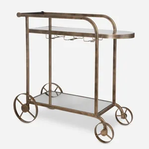 Modern Handmade Metal Bar Cart with Luxury Gold Finish Tempered Glass Shelves Wine Bottle Storage and Designer Rolling Wheels - Product Image 5