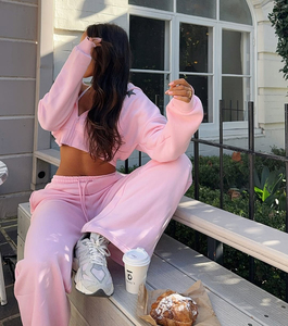 Women's Cropped Zip Up Hoodie <b>Sweatpants</b> <b>Set</b> Custom Logo Vintage Distressed Tracksuit Embroidery Jogger Streetwear <b>Set</b> - Product Image 3
