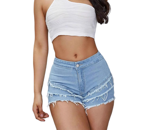 Shorts en jean déchiré taille haute pour femme, asymétriques, décontractés, d'été, en coton bleu clair uni - Product Image 1