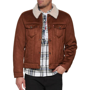 <b>Men's</b> Brown <b>Suede</b> Bomber <b>Jacket</b> With Sheep Fur Collar Casual Winter Coat Regular Fit Turn-down Collar Single Breasted Button - Product Image 3