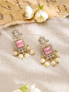 Ensemble collier et boucles d'oreilles en alliage de zinc plaqué argent, zircon rose, perles d'imitation, design floral, certifié par une tierce partie, bijoux pour femmes - Product Image 3