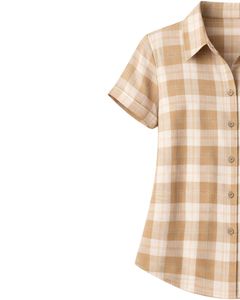 Chemise boutonnée à manches courtes pour femme, à carreaux beige et marron, décontractée, légère, respirante, avec poche, pour l'été - Product Image 4