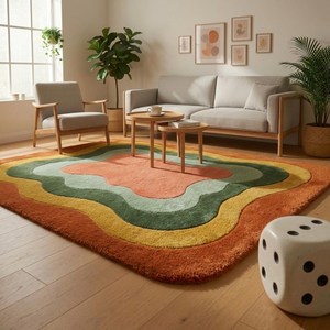 Retro Wool Hand Tufted Area <b>Rug</b> with Wavy Concentric Bands in Orange Green <b>Mustard</b> for Living Room - Product Image 4