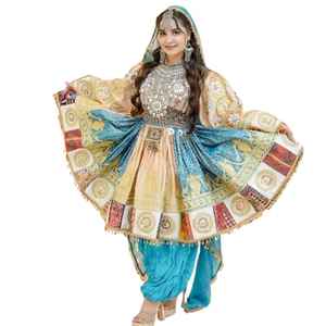 Vestido Afgano Vintage Abierto para Mujer con Pantalón, Decoración de Monedas y Hermosos Lazos Tradicionales en Color Azul - Product Image 1