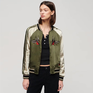 Women Varsity <b>Jacket</b> Olive Green Satin Embroidered Birds Full Sleeve Zipper Front Regular Fit Autumn Style - Product Image 3