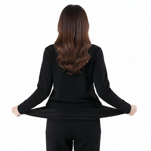 Sous-vêtements thermiques longs pour femmes, couche de base en polaire unie 100 % coton, col rond, tricoté, respirant, fin, pour usage quotidien automne-hiver - Product Image 2