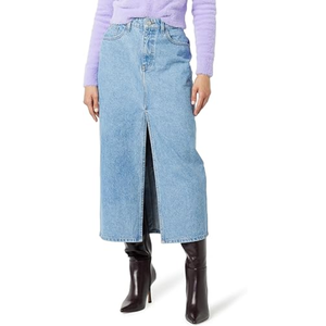 Jupe longue en jean délavé bleu clair style vintage, taille haute, mélange de coton, fente avant profonde, coupe droite, durable - Product Image 1