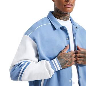 <b>Men's</b> Light Blue <b>White</b> Turn-down Collar Button Closure Casual Winter Hooded Varsity <b>Jacket</b> Polyester/Cotton Filled - Product Image 3